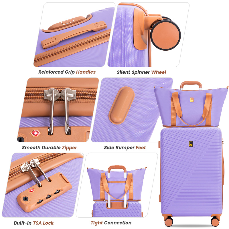 Luggage Sets 6 Piece, Hardshell Suitcase Set with Spinner Wheels, TSA Lock with Duffel Bag and 2 Piece Packing Cubes, Purple