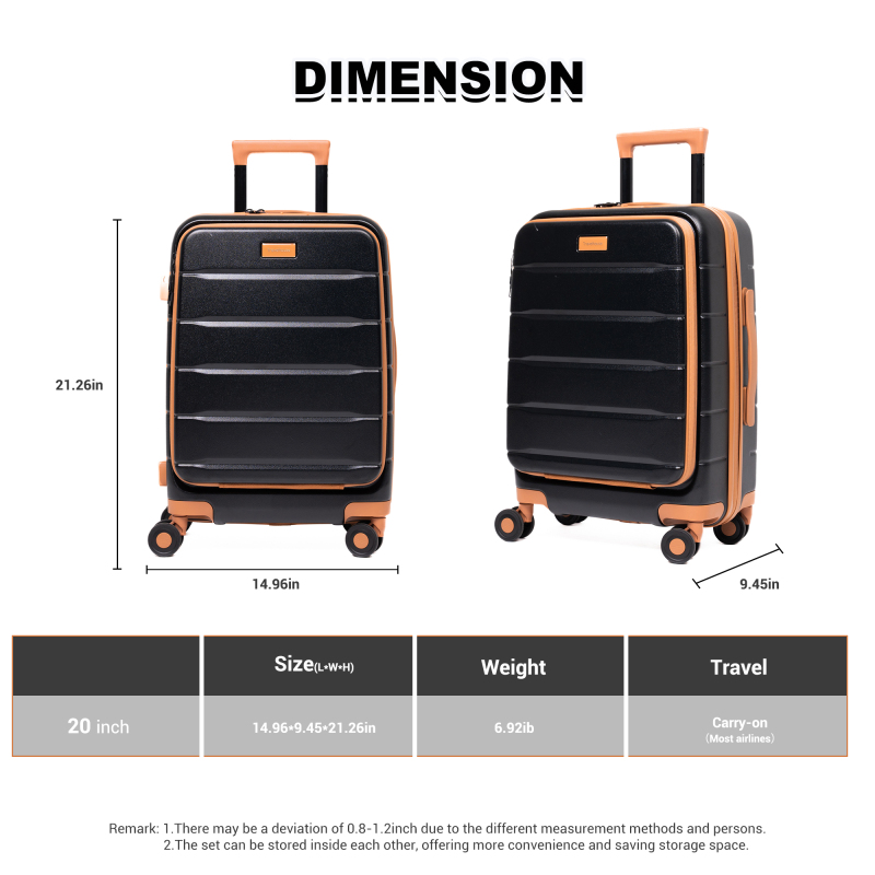 Travelhouse Carry-On Luggage Sets Front Open 4 Piece Hardside Suitcase Set with Spinner Wheels TSA Lock Toiletry Bag and Shoe bag,Black