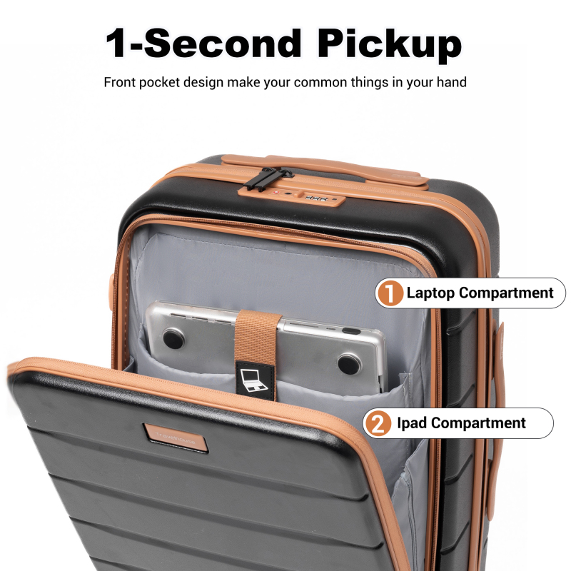 Travelhouse Carry-On Luggage Sets Front Open 4 Piece Hardside Suitcase Set with Spinner Wheels TSA Lock Toiletry Bag and Shoe bag,Black