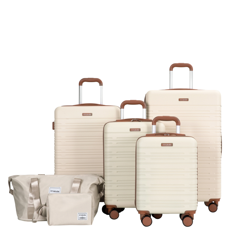Amalodie luggage 6 Piece Luggage Set, ABS Hard Shell Travel Suitcase with TSA Lock,Beige
