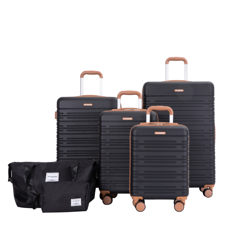 Amalodie luggage 6 Piece Luggage Set, ABS Hard Shell Travel Suitcase with TSA Lock,Black