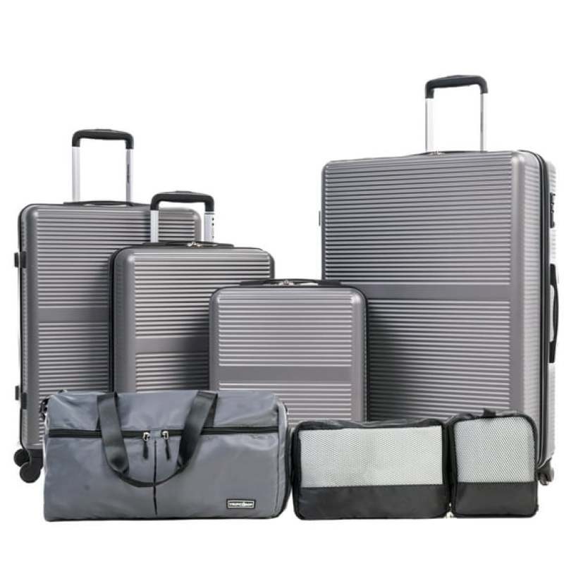 Tripcomp 7-teiliges Hartschalen-Gepäckset mit TSA-Schloss, leichter ABS-Koffer (16/20/24/28 Zoll) mit 360°-Silent-Spinner-Rollen, Seesack und 2 Packwürfeln (Grau)