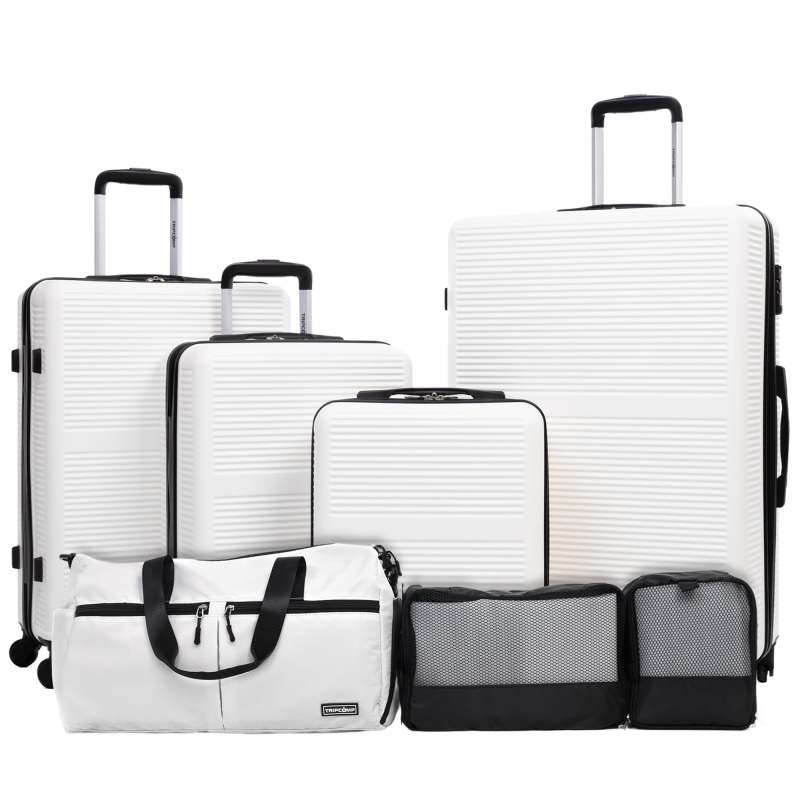 Tripcomp 7-Piece Hardside Luggage Set with TSA Lock Lightweight ABS Suitcase (16/20/24/28 Inch) with 360° Silent Spinner Wheels, Duffel Bag and 2 Packing Cubes (White)