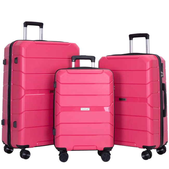 Maleta rígida con ruedas giratorias, juegos de equipaje de PP, maleta ligera y duradera con cerradura TSA, juego de 3 piezas (20/24/28), rosa