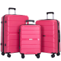 حقيبة صلبة بعجلات دوارة من البولي بروبيلين، حقيبة متينة خفيفة الوزن مع قفل TSA، مجموعة من 3 قطع (20/24/28)، وردي 