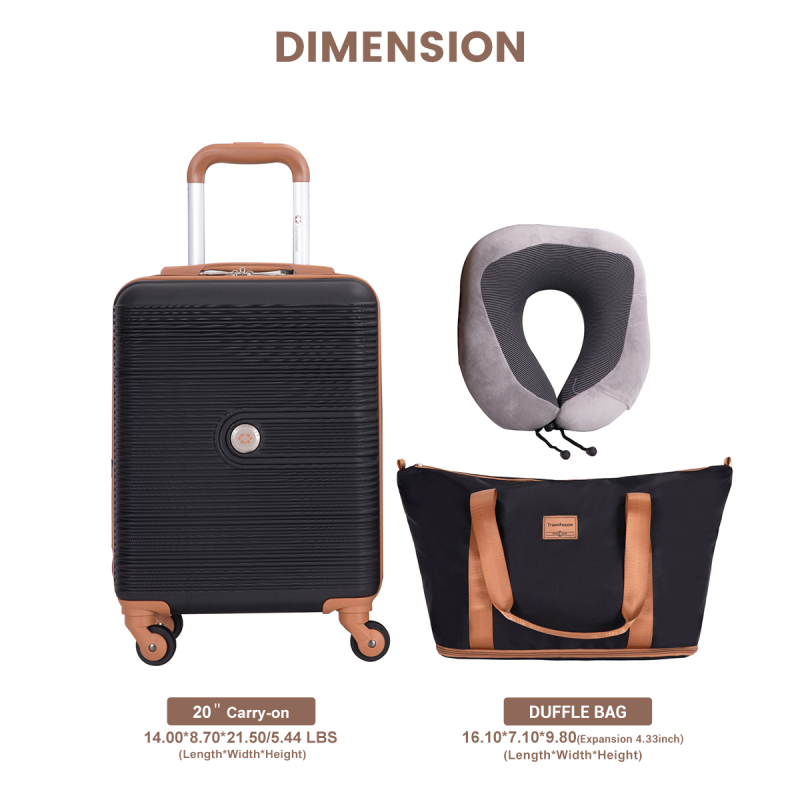 Carry on Luggage Set 3 Piece hardshell TSA Lock Spinner Wheels Suitcase with Travel Bag and Neck Pillow.(Black)