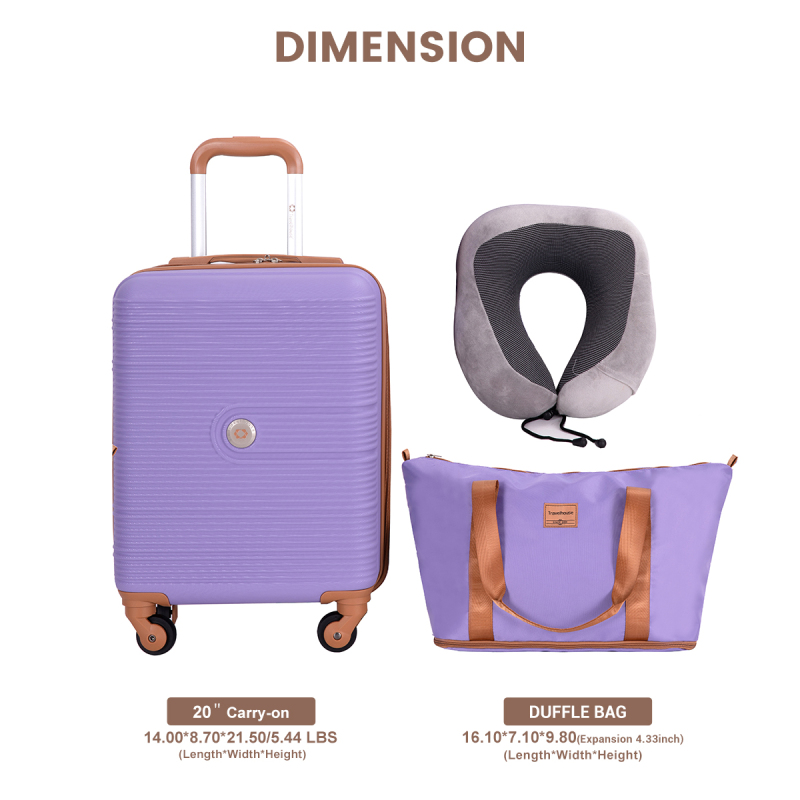Carry on Luggage Set 3 Piece hardshell TSA Lock Spinner Wheels Suitcase with Travel Bag and Neck Pillow.(Purple)