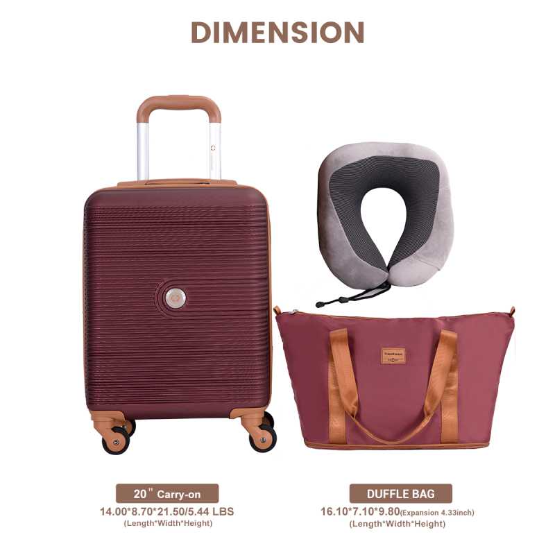 Carry on Luggage Set 3 Piece hardshell TSA Lock Spinner Wheels Suitcase with Travel Bag and Neck Pillow.(Wine Red)