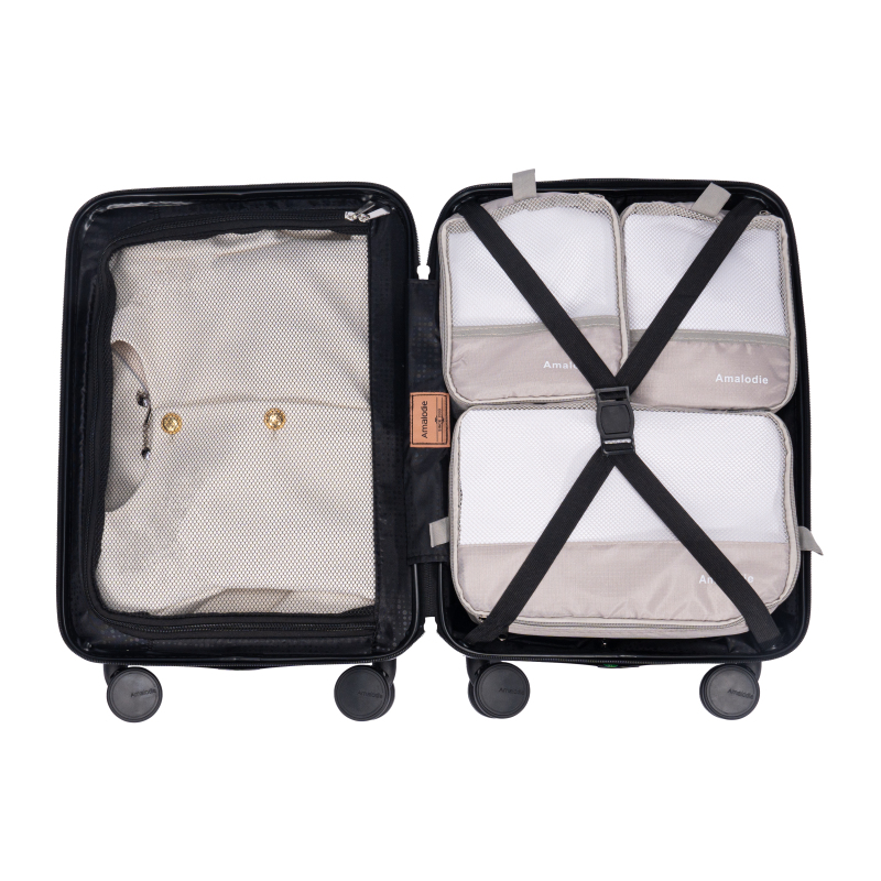 Amalodie 2 piecec Hardside Spinner Luggage Sets(18"&26") with 3PC Organizer Bags,Black