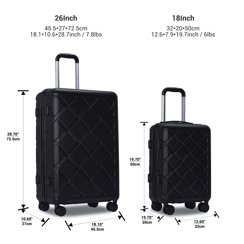 Amalodie 2 piecec Hardside Spinner Luggage Sets(18"&26") with 3PC Organizer Bags,Black