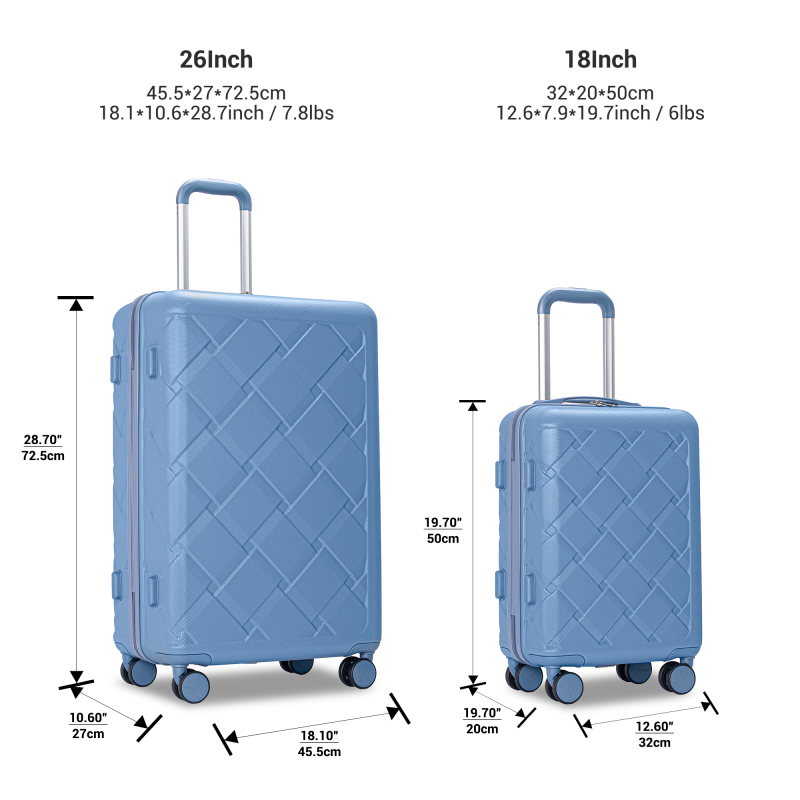 Amalodie 2 piecec Hardside Spinner Luggage Sets(18"&26") with 3PC Organizer Bags,Light Blue