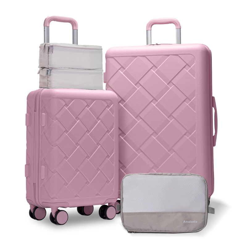 Amalodie 2 piecec Hardside Spinner Luggage Sets(18"&26") with 3PC Organizer Bags,Pink