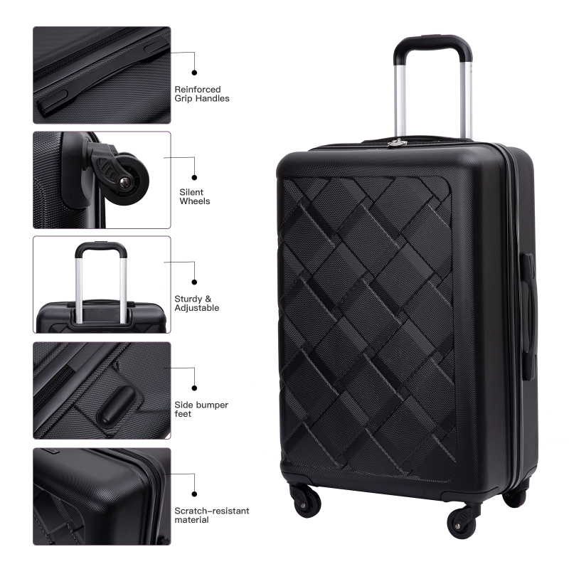 Amalodie 3 Piece Luggage Sets Hardside Lightweight Durable Spinner Wheels Suitcase,Black