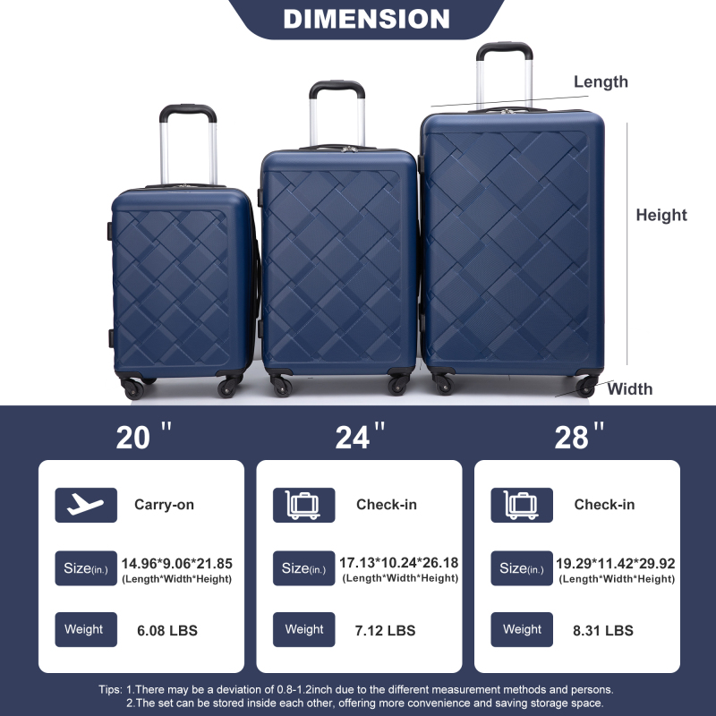 Amalodie 3 Piece Luggage Sets Hardside Lightweight Durable Spinner Wheels Suitcase,Dark Blue