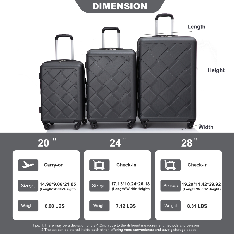 Amalodie 3 Piece Luggage Sets Hardside Lightweight Durable Spinner Wheels Suitcase,Dark Gray