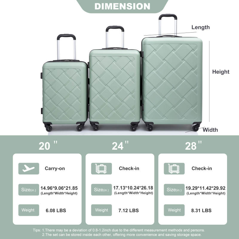 Amalodie 3 Piece Luggage Sets Hardside Lightweight Durable Spinner Wheels Suitcase,Green