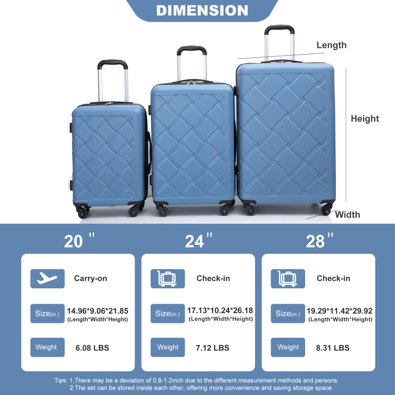 Amalodie 3 Piece Luggage Sets Hardside Lightweight Durable Spinner Wheels Suitcase,Light Blue