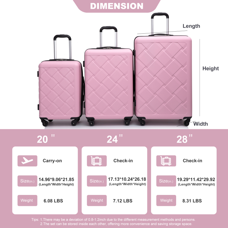 Amalodie 3 Piece Luggage Sets Hardside Lightweight Durable Spinner Wheels Suitcase,Pink