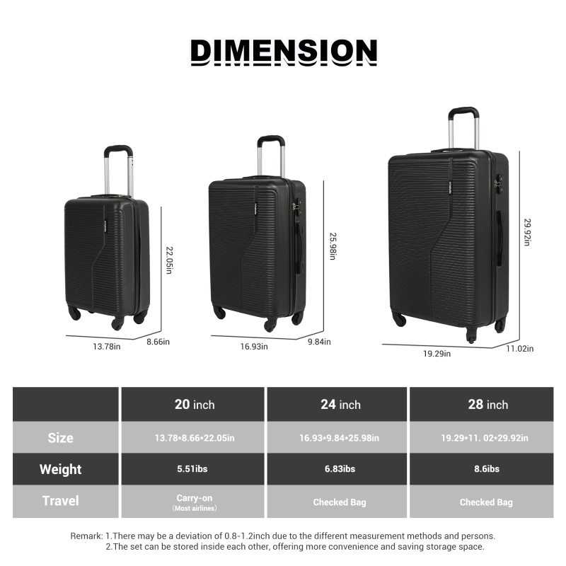 트래블하우스 3피스 하드케이스 여행가방 세트, 경량 캐리어 (TSA 잠금장치 및 스피너 휠 포함, 20인치/24인치/28인치, 블랙)