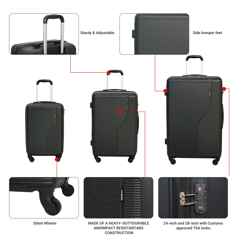 트래블하우스 3피스 하드케이스 여행가방 세트, 경량 캐리어 (TSA 잠금장치 및 스피너 휠 포함, 20인치/24인치/28인치, 블랙)
