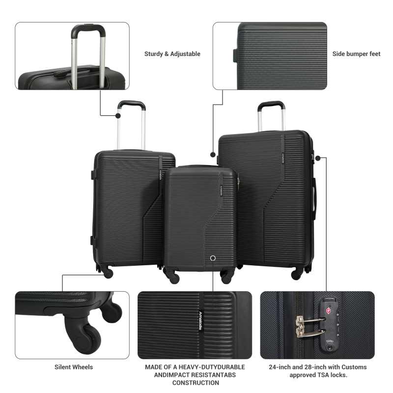 트래블하우스 3피스 하드케이스 여행가방 세트, 경량 캐리어 (TSA 잠금장치 및 스피너 휠 포함, 20인치/24인치/28인치, 블랙)