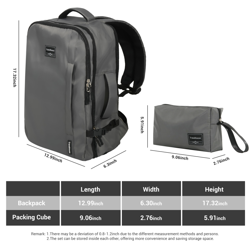 Travelhouse Travel Backpack for Men & Women Hiking Outdoor Carry On with Packing Cubes（Gray）