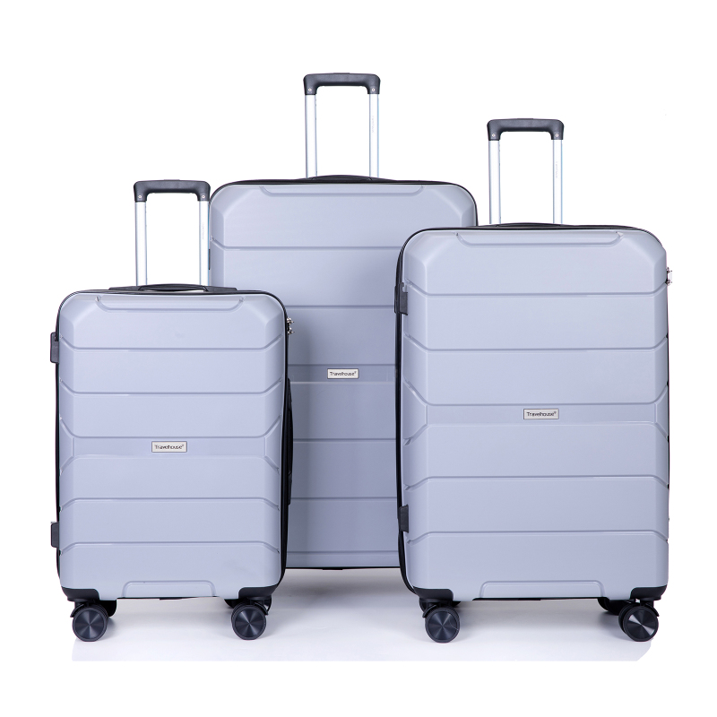 Valise Hardshell Spinner Wheels Ensembles de bagages en PP Valise légère et durable avec serrure TSA, Ensemble de 3 pièces (20/24/28), Argent