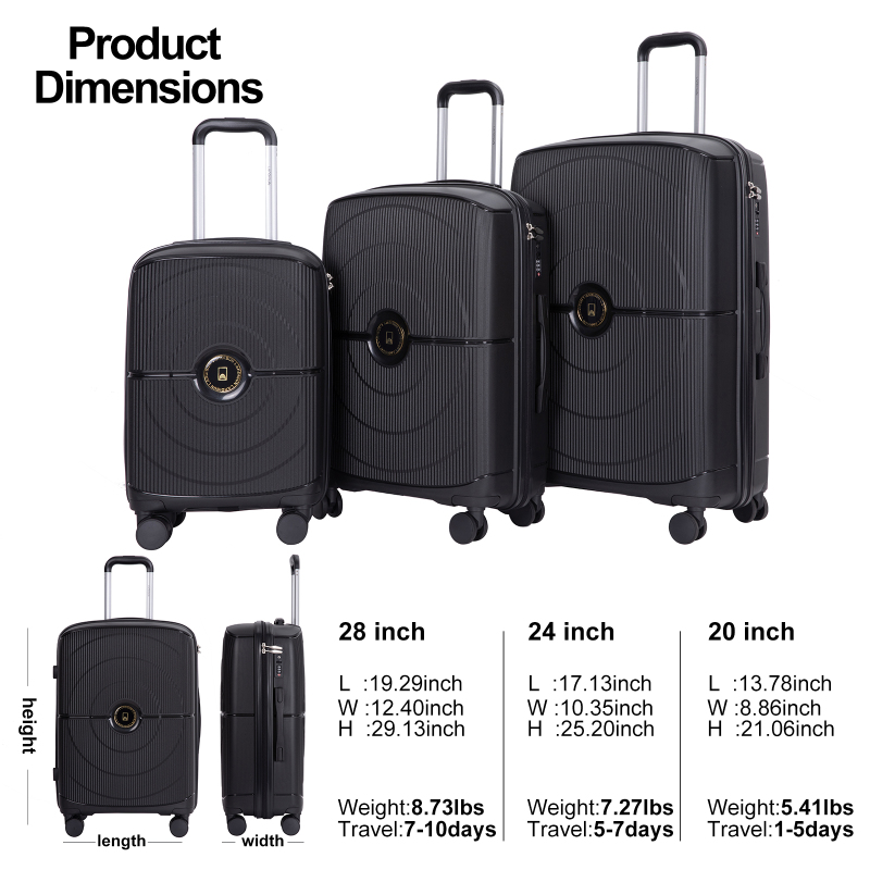 Landisun Luggage Sets 3 Piece, Hard Shell Suitcase Set with Double Spinner Wheels TSA Lock Carry On and Checked Travel Luggage, Black (20/24/28)