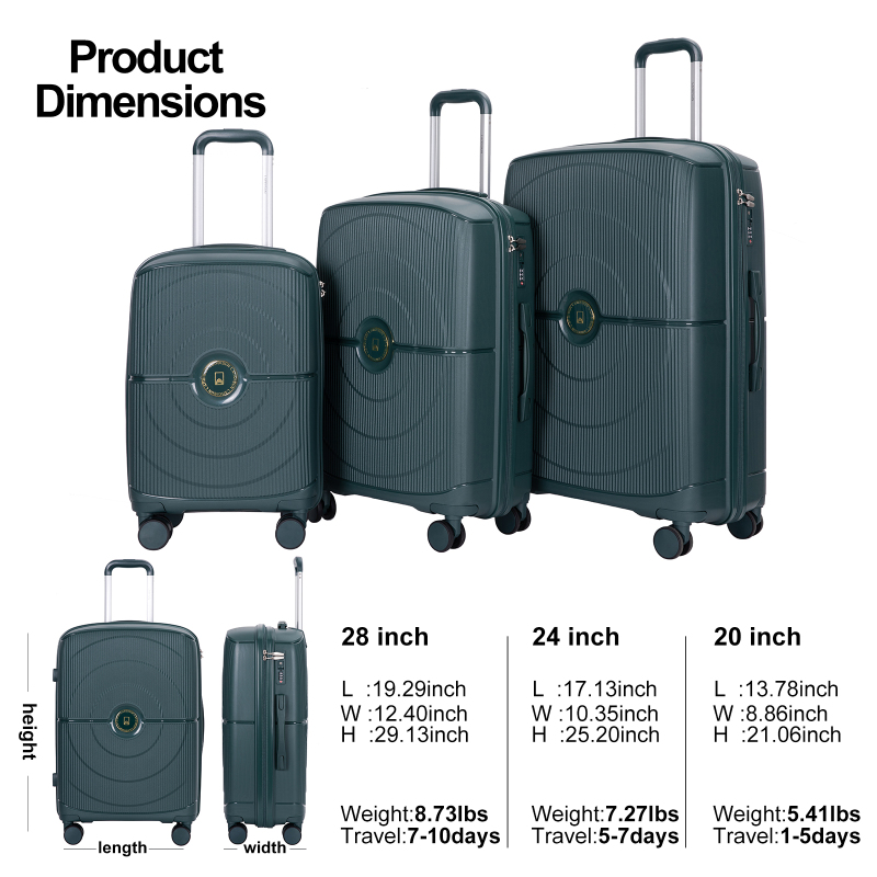 Landisun Luggage Sets 3 Piece, Hard Shell Suitcase Set with Double Spinner Wheels TSA Lock Carry On and Checked Travel Luggage, Green(20/24/28)