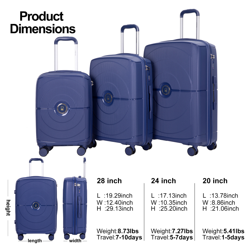 Landisun Luggage Sets 3 Piece, Hard Shell Suitcase Set with Double Spinner Wheels TSA Lock Carry On and Checked Travel Luggage, Navy(20/24/28)