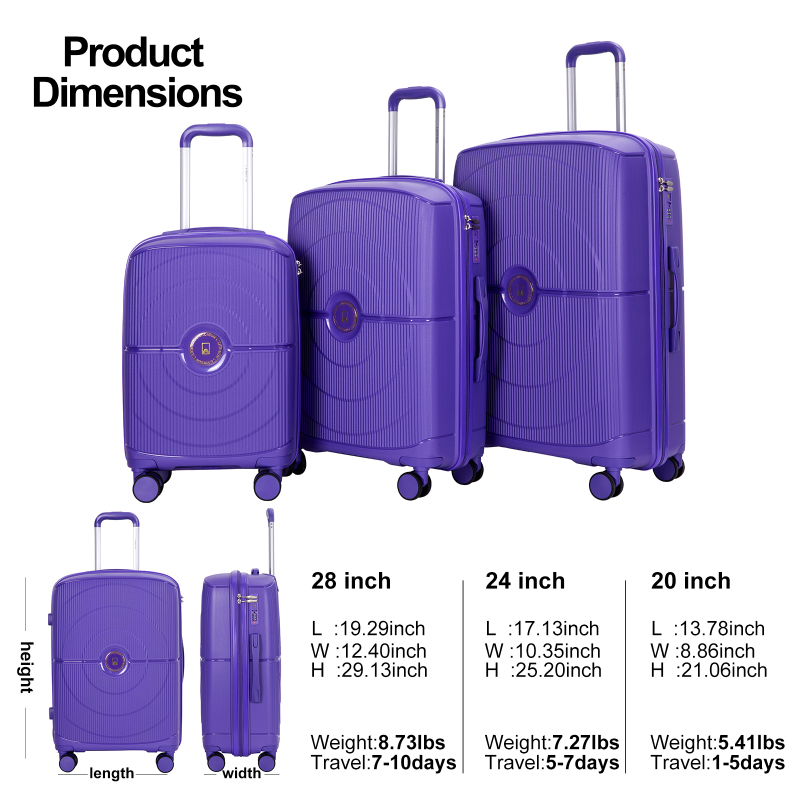 Landisun Luggage Sets 3 Piece, Hard Shell Suitcase Set with Double Spinner Wheels TSA Lock Carry On and Checked Travel Luggage, Purple(20/24/28)