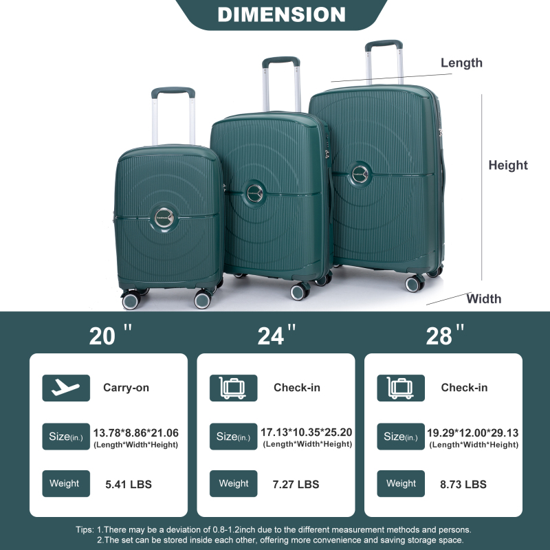 Maleta rígida expandible con ruedas giratorias dobles, juegos de equipaje de PP, maleta ligera y duradera con cerradura TSA, juego de 3 piezas (20/24/28), verde