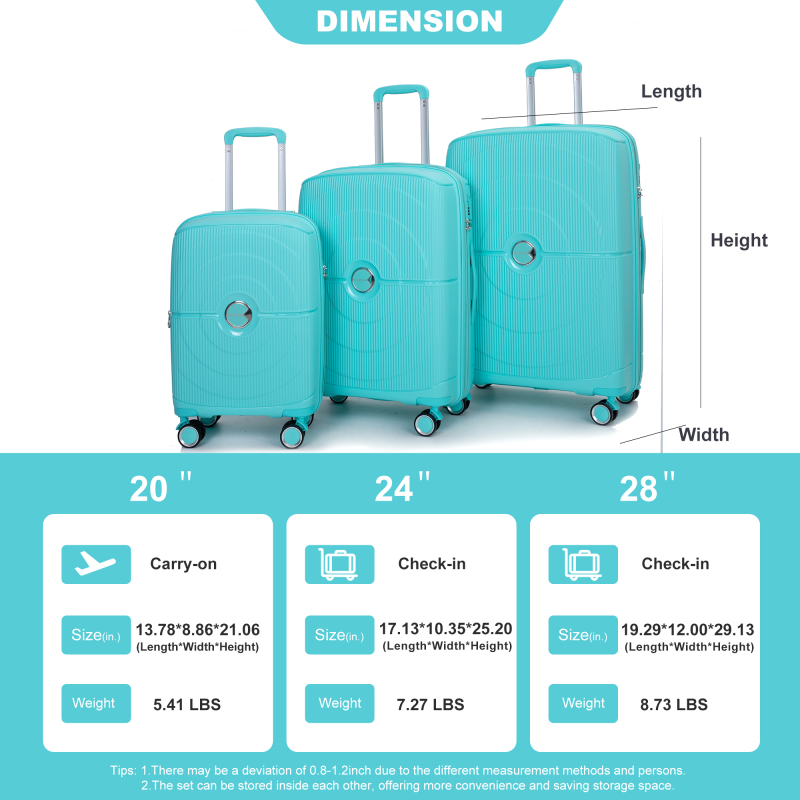Expandable Hardshell Suitcase Double Spinner Wheels PP Luggage Sets Lightweight Durable Suitcase with TSA Lock,3-Piece Set (20/24/28) ,Lake Blue
