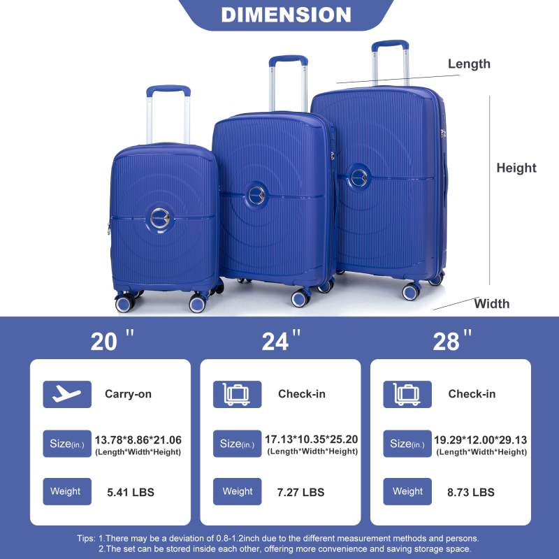 Maleta rígida expandible con ruedas giratorias dobles, juegos de equipaje de PP, maleta ligera y duradera con cerradura TSA, juego de 3 piezas (20/24/28), azul marino