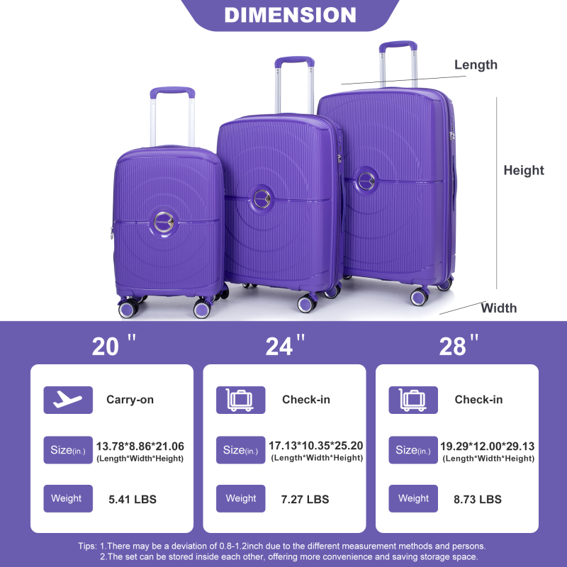 Expandable Hardshell Suitcase Double Spinner Wheels PP Luggage Sets Lightweight Durable Suitcase with TSA Lock,3-Piece Set (20/24/28) ,Purple