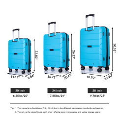 Hardshell Suitcase Spinner Wheels PP Luggage Sets Lightweight Durable Suitcase with TSA Lock,3-Piece Set (20/24/28) ,Light Blue