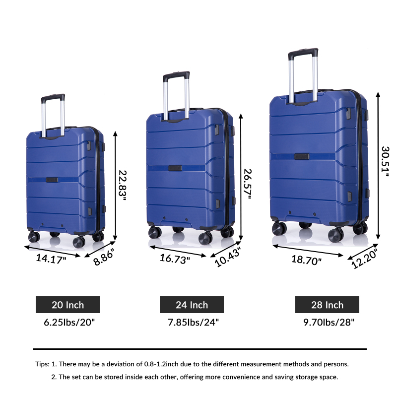 Hardshell Suitcase Spinner Wheels PP Luggage Sets Lightweight Durable Suitcase with TSA Lock,3-Piece Set (20/24/28) ,Navy