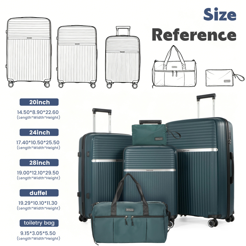 Luggage Sets 5 Piece with Duffel Bag, Hardside Suitcase Set with Spinner Wheel and TSA Lock, Lightweight Travel Luggage for Men and Women, Green