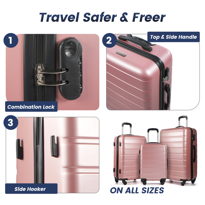 NiceTravel Luggage Set (20/24/28 inch),Hard-shell suitcase with Cup Holder(20"), Combination Locks & 360° Spinner Wheels, Pink
