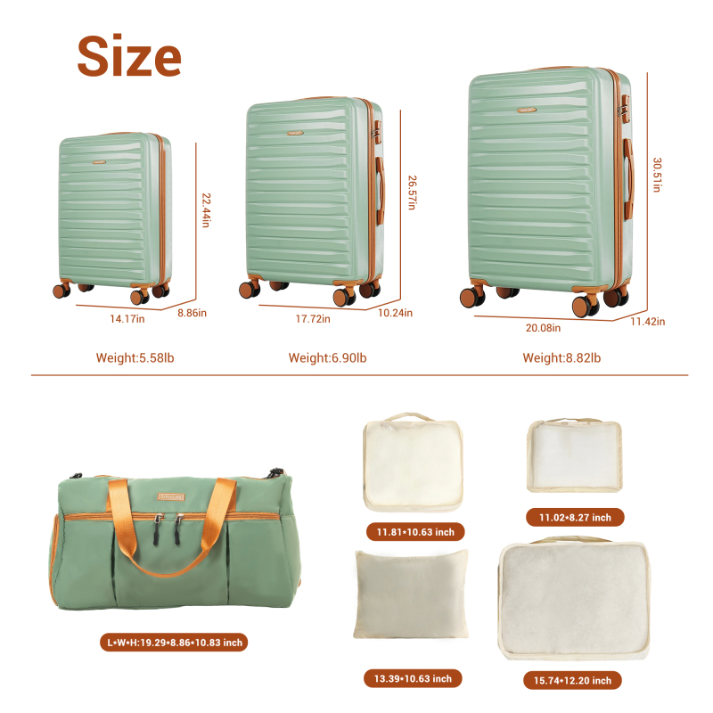 Hardside Luggage Sets 3 Piece, Hardshell Suitcase TSA Lock Spinner Wheel with Travel Duffle Bag and 4 Packing Cube.Green
