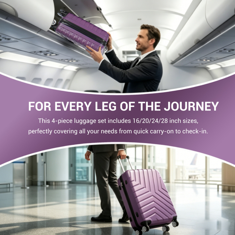 NiceTravel 4-Piece Hardside Luggage Set,Lightweight suitcase with TSA Locks & Double Spinner Wheels, Purple