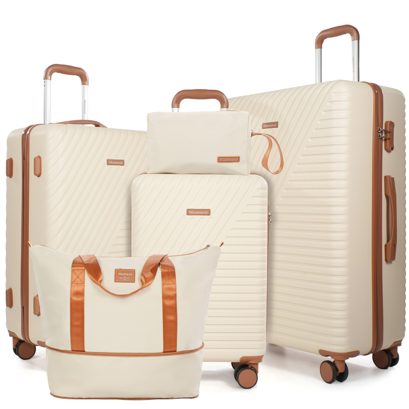 5-Piece Luggage Set, Hard Shell Suitcases with Spinner Wheels,TSA Lock,Travel Tote Bag & Cosmetic Pouch, Creamy White