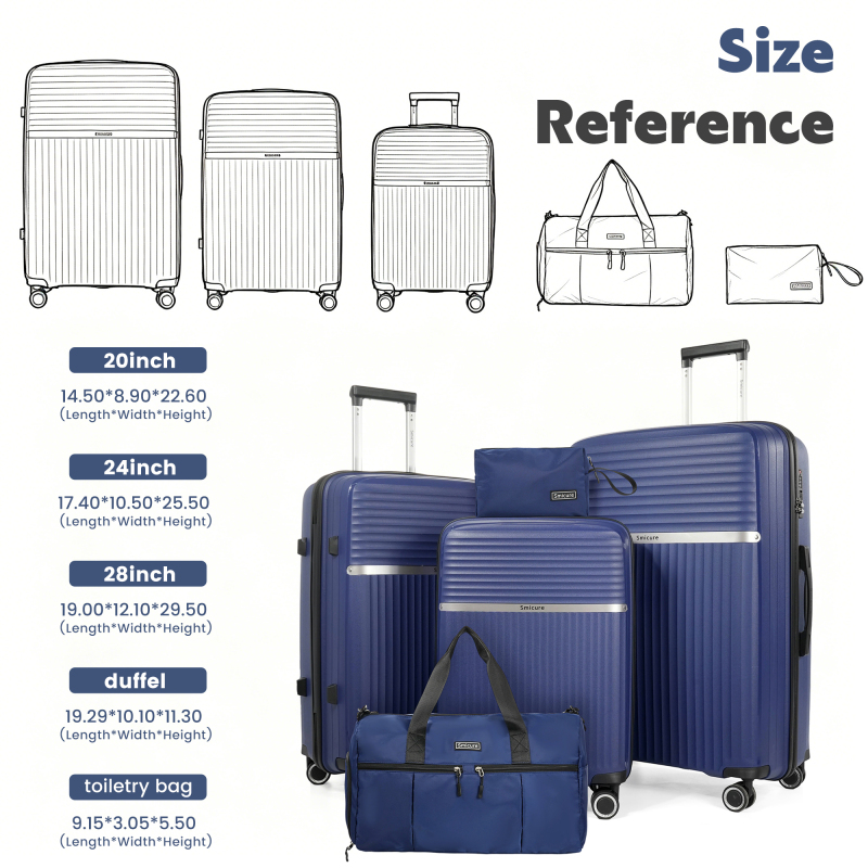 Luggage Sets 5 Piece with Duffel Bag, Hardside Suitcase Set with Spinner Wheel and TSA Lock, Lightweight Travel Luggage for Men and Women, Dark Blue