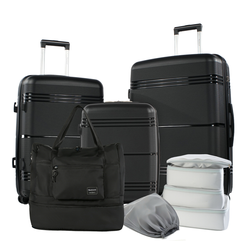 NiceTravel 8-Piece Hardside Luggage Set, Lightweight Suitcase with TSA Lock & Expandable Travel Tote Bag and Packing Cube, Black