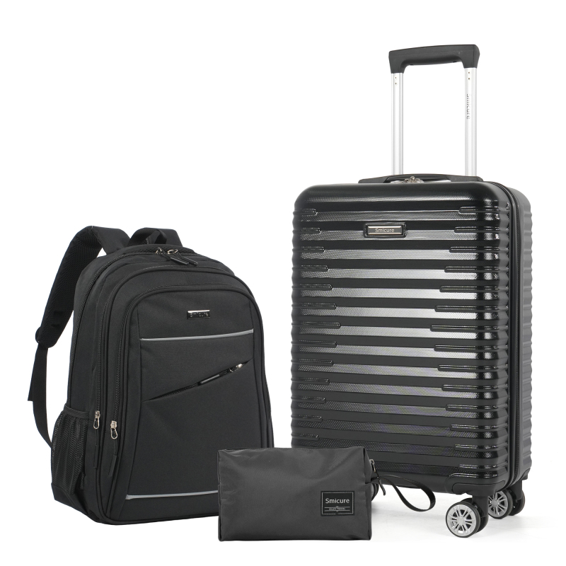 Smicure Carry On Luggage Sets 3 Piece with Spinner Wheel, Hardside Lightweight Business Suitcase with College Backpack and Travel Essentials, Black