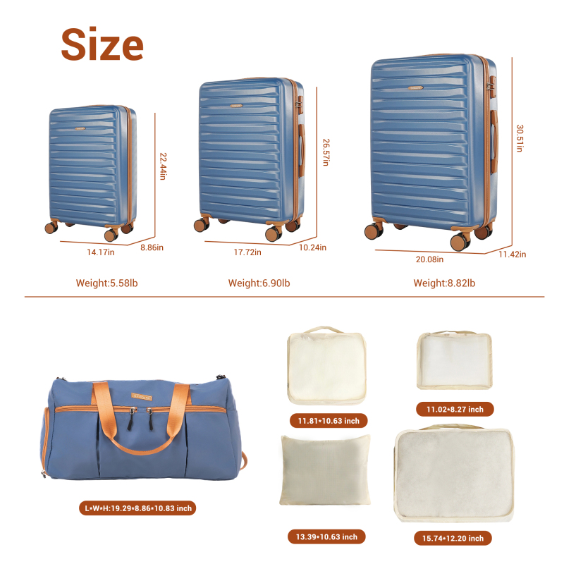 Hardside Luggage Sets 3 Piece, Hardshell Suitcase TSA Lock Spinner Wheel with Travel Duffle Bag and 4 Packing Cube.Blue