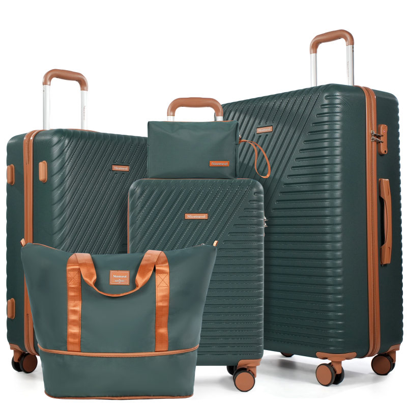 5-Piece Luggage Set, Hard Shell Suitcases with Spinner Wheels,TSA Lock,Travel Tote Bag & Cosmetic Pouch, Green