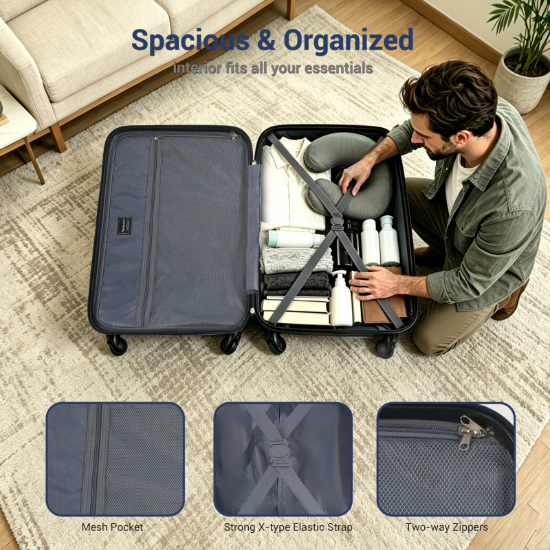 NiceTravel Luggage Set (20/24/28 inch),Hard-shell suitcase with Cup Holder(20"), Combination Locks & 360° Spinner Wheels, Beige