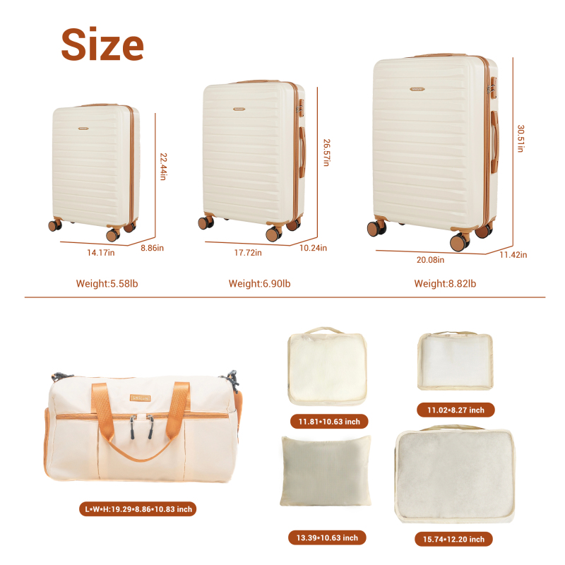 Hardside Luggage Sets 3 Piece, Hardshell Suitcase TSA Lock Spinner Wheel with Travel Duffle Bag and 4 Packing Cube.Beige