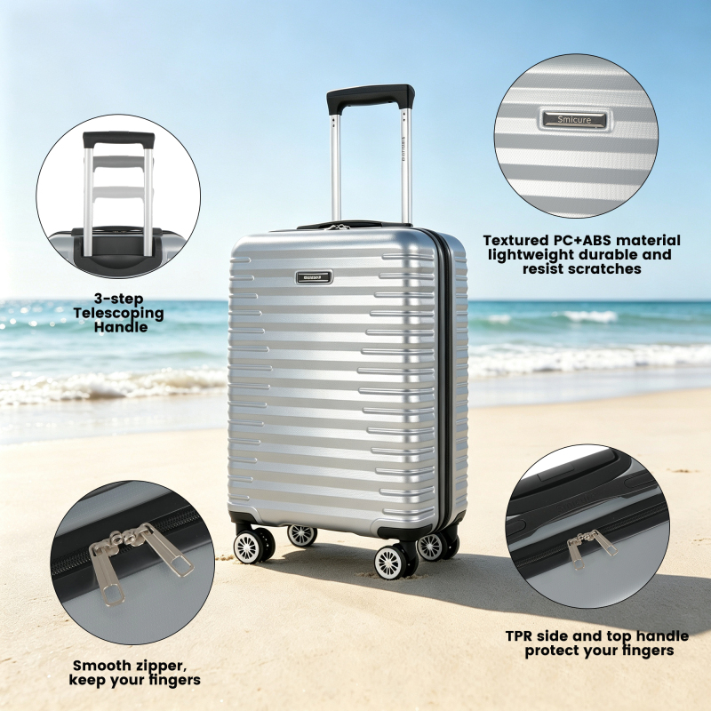 Smicure Carry On Luggage Sets 3 Piece with Spinner Wheel, Hardside Lightweight Suitcase with Backpack and Travel Essentials, Gray